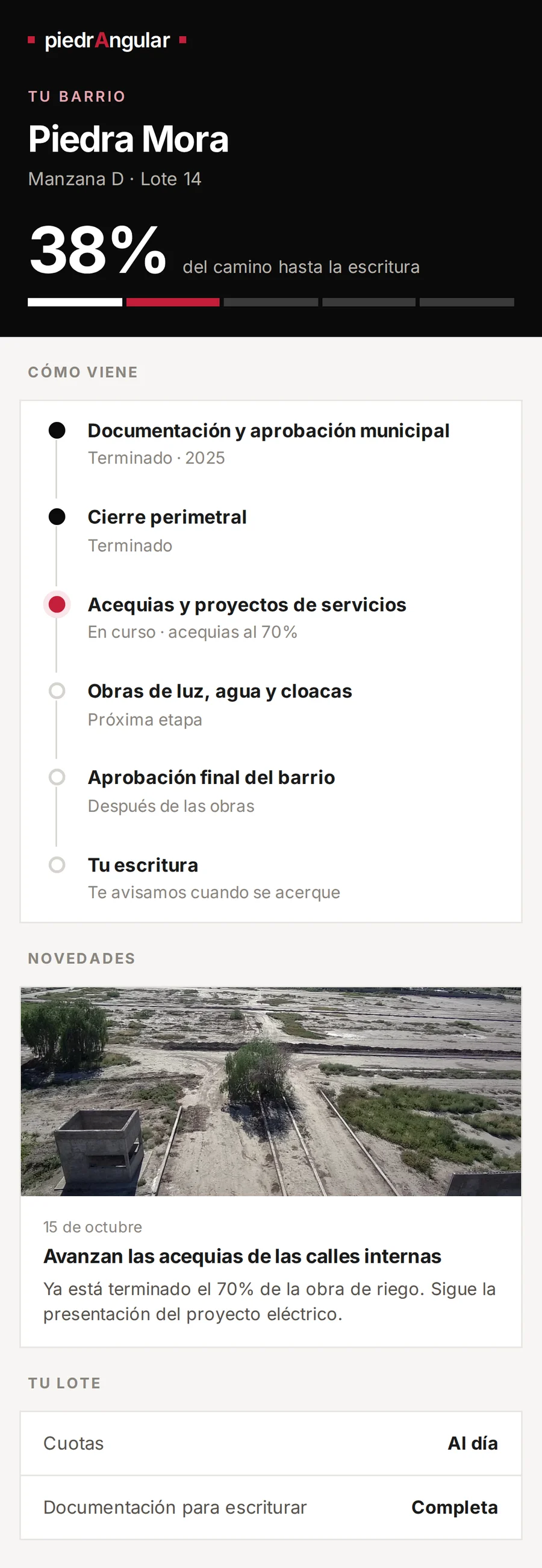 Vista del comprador en el celular con el avance de su barrio